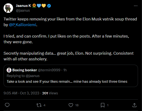 Hey <a href="/elonmusk/">Elon Musk</a>, after your done with playing Diablo and checking <a href="/GoldingBF/">Paul Golding</a>'s racist tweets and alleged shadowbanning, maybe you could also check why the likes on my thread on yours truly keep disappearing.

There's probably a rational explanation for this?