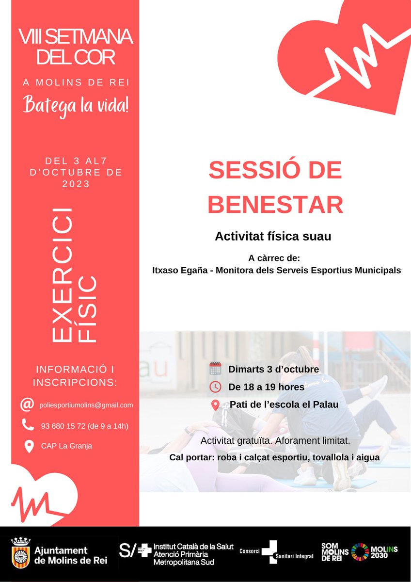EsportsMolins (@esports_molins) on Twitter photo 📢III Setmana del Cor‼️
🗓️Avui, sessió de BENESTAR
🕕18 hores
📍Escola El Palau
👉🏻Inscripcions a poliesportiumolins@gmail.com i al 93 680 15 72 (de 9 a 14h).
<a href="/AjMolinsdeRei/">Ajuntament de Molins de Rei</a>
#setmanadelcor
#estarasbe 📢III Setmana del Cor‼️
🗓️Avui, sessió de BENESTAR
🕕18 hores
📍Escola El Palau
👉🏻Inscripcions a poliesportiumolins@gmail.com i al 93 680 15 72 (de 9 a 14h).
<a href="/AjMolinsdeRei/">Ajuntament de Molins de Rei</a>
#setmanadelcor
#estarasbe