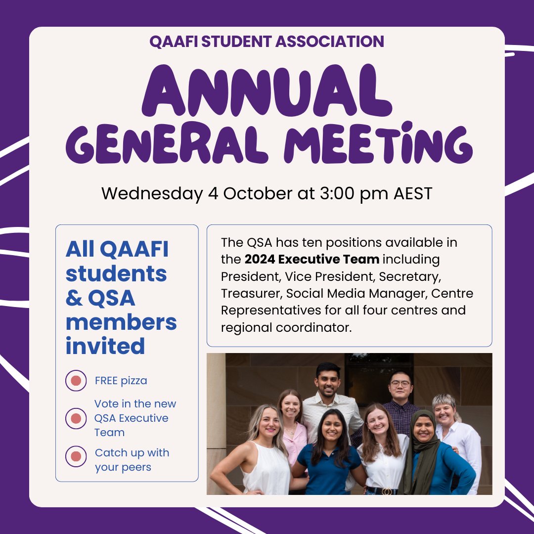 If you enjoyed the symposium last week & would like to be a part of the team behind these events - join TOMORROW at our #AGM to hear more. 🟣Wed 4 Oct 3-5pm 🟣QBP (Building 80), St Lucia campus (or via Zoom) QSA exec: bit.ly/QSAExecEOI2024 AGM tickets: bit.ly/QSAAGM2023