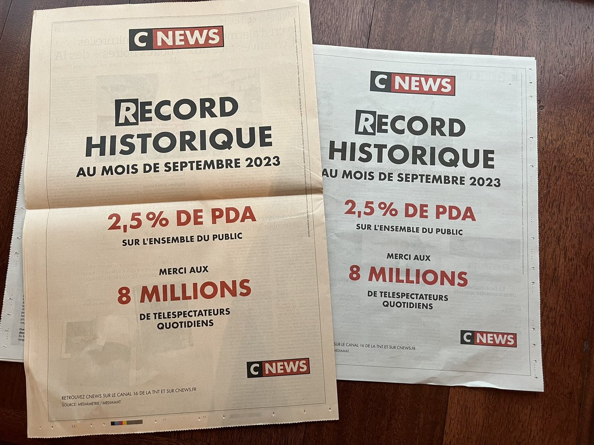 #Audiences septembre 23 🚀Meilleur mois historique et plus forte progression des chaînes de la TNT auprès de l’ensemble du public: + 0,4 point 📺@CNEWS la chaîne d’information plébiscitée par les Français 🗞️Campagne de publicité #CNEWS dans @Le_Figaro et dans @le_Parisien