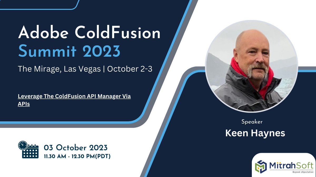 Leverage The #coldFusion API Manager Via APIs by Keen Haynes at 11.30 Am - 12.30 Pm(PDT)

#CFSummit2023 #adobe #cf2023 #innovation #summit #cfsummit #LasVegas
