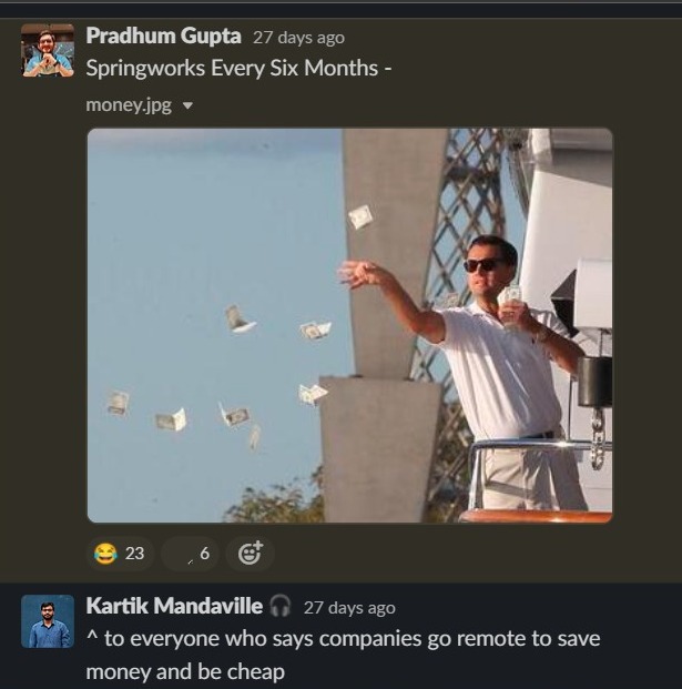 kar2905's tweet image. 💰 Jaipur offsite expenses: Total - INR 4,085,698

Talking about it to show how we're not remote to simply save money! We're remote to offer a better quality of life - a life where work is just a part of it.