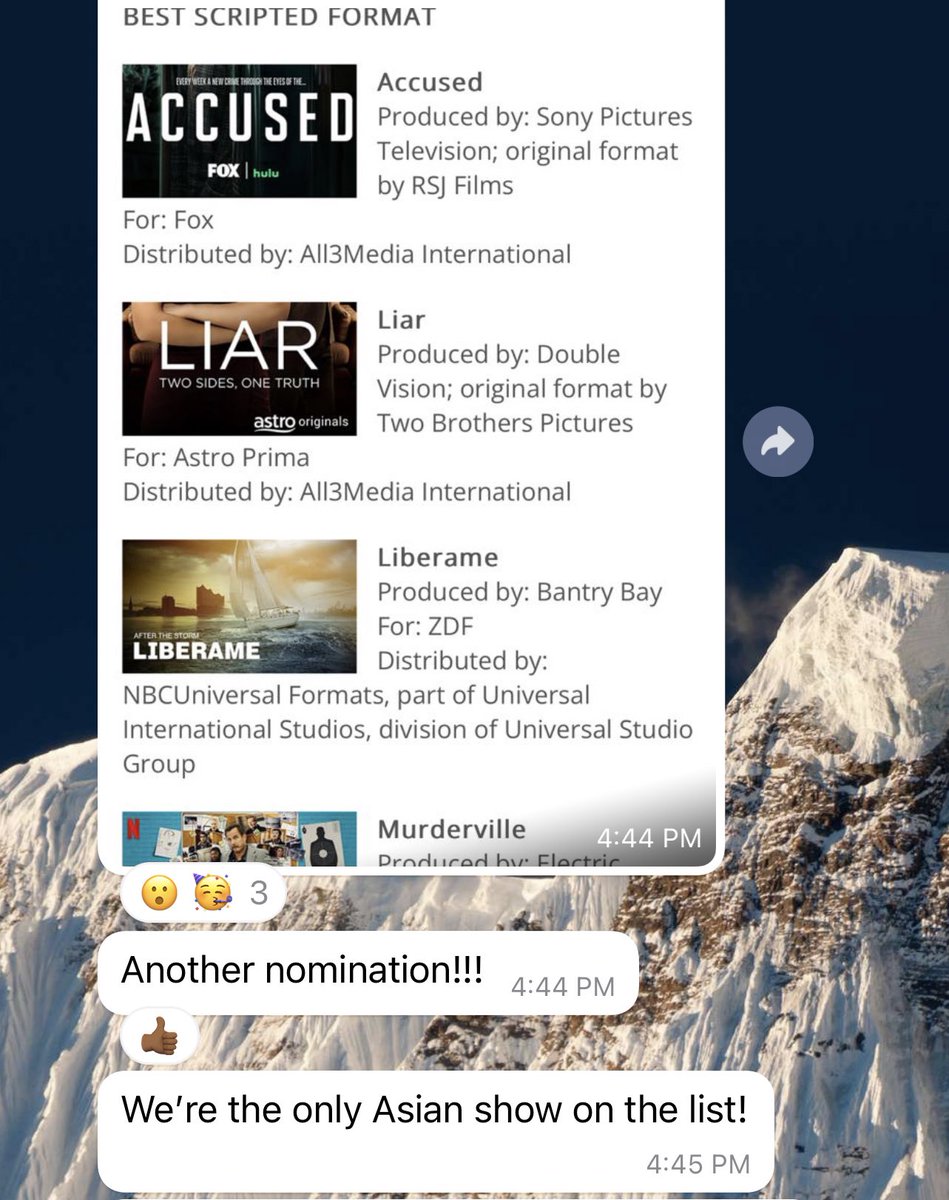Alhamdulillah. Another nomination for LIAR Malaysia for the International Format Awards 🇲🇾🌺💯 
congratulations and good luck 🌹🚀