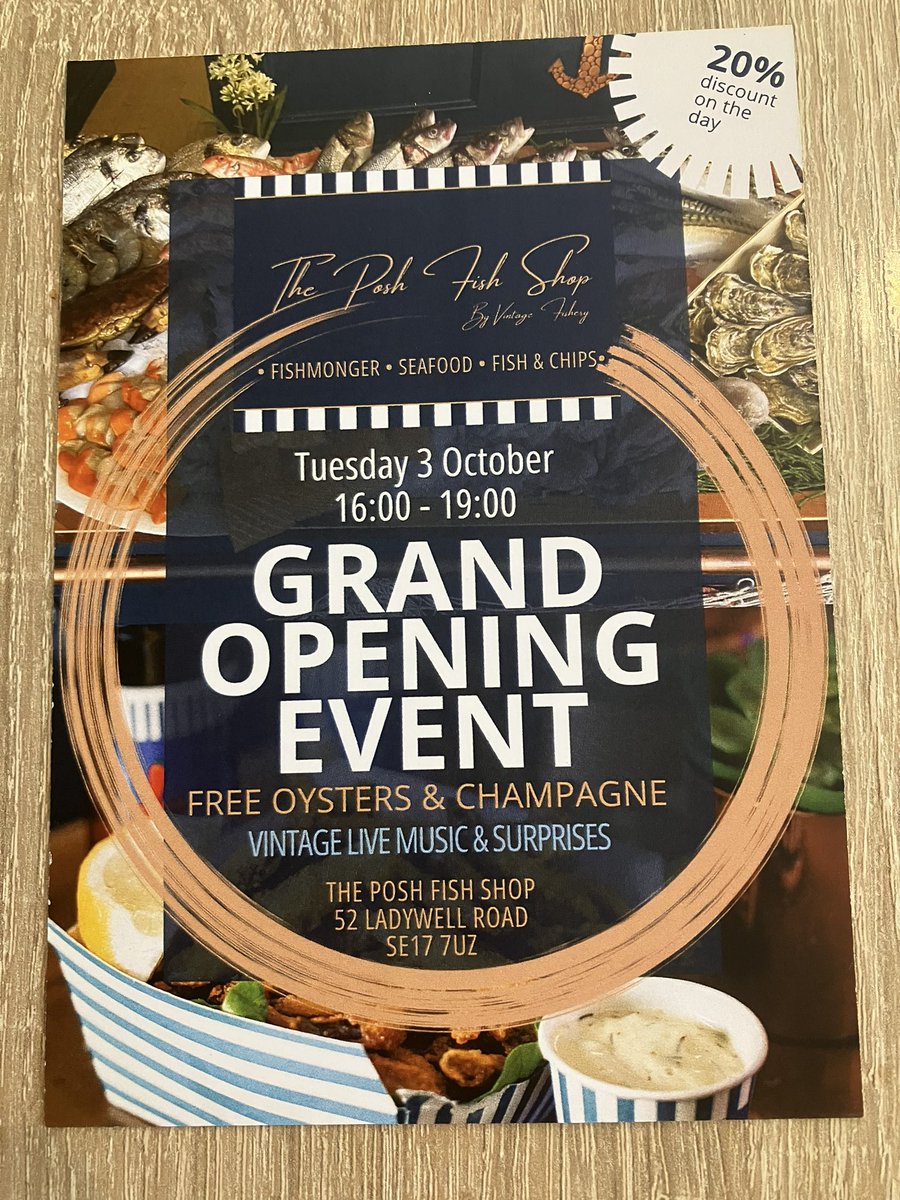 JaneCanDoSE4's tweet photo. NEW BIZ ALERT🚨TONIGHT in Ladywell the Posh Fish Shop 🐟 🐠 🦐 🐡🦞is opening with free oysters 🦪& champagne🥂🍾 plus Vintage Live Music 🎶 & don’t forget 20% discount #PopDown #Support #PlaceToBe https://t.co/VCTvO4bnwQ
