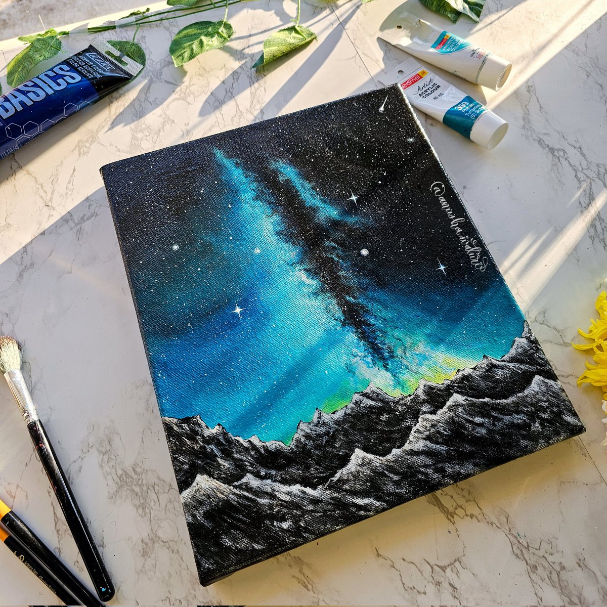 Joining the #SpacetoberChallenge 
Day 2: Galaxy 
Painted with Acrylics on Canvas. 
#spacetober2023 #spaceart #milkywaygalaxy #galaxypainting