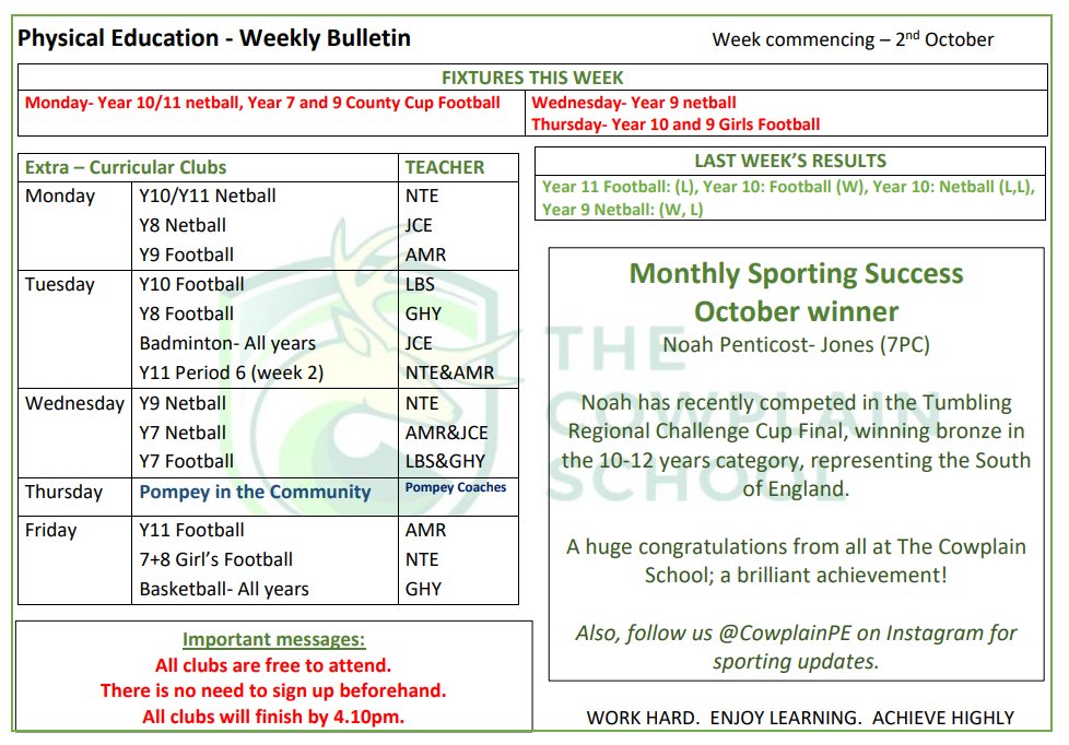 Our PE weekly bulletin - Monday 2nd October 2023.