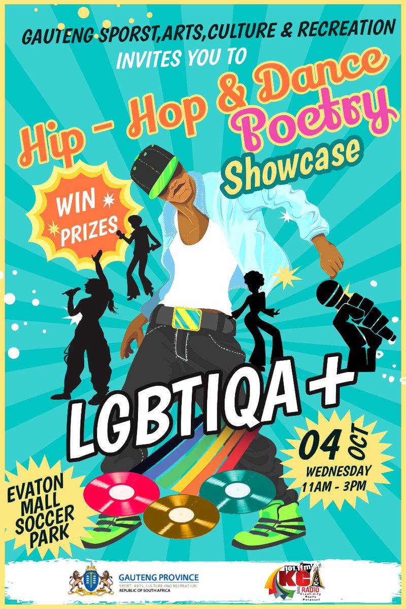 kca_4's tweet photo. The Gauteng Department of Sport, Arts, Culture and Recreation 

Invites you to the LGBTIQA+  
Poetry, Dance and Music showcase
Date : 04 October 2023
Venue : Evaton Mall  Soccer Park 
Time : 11h00

           !!!GREAT PRIZES TO BE WON!!! https://t.co/hv4q9YB5Pw