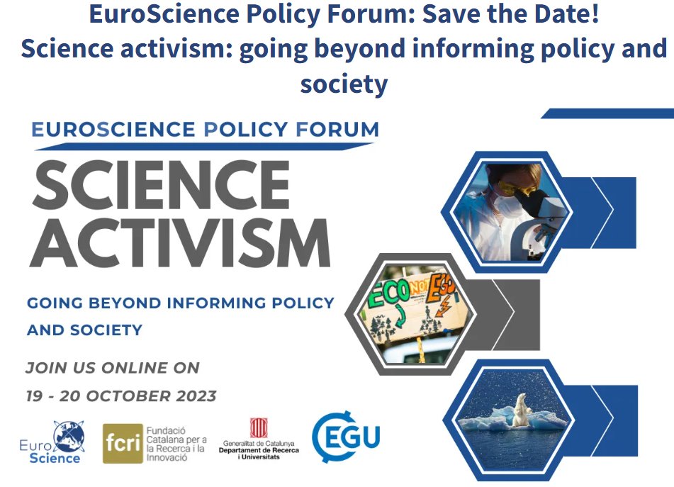 EGU_Policy's tweet photo. Are you curious about how scientists can provide scientific evidence to policymakers? OR about how to create impact through #ScienceActivism?
Then join the EuroScience Policy Forum online for free on Friday 20 October! Sign up now!
https://t.co/FVj9VxP7YA https://t.co/eJgAhOuDIo
