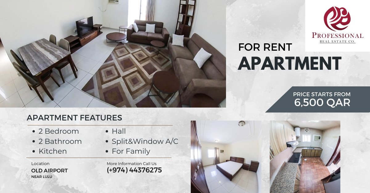 profestate's tweet photo. Fully Furnished | 2 Bedroom Apartment in Old Airport | Near Lulu

Fully Furnished, 2 BHK Apartment in Old Airport
Location: Near Lulu
Monthly Rent: 6,500/-

DESCRIPTION:
• 2 Bedroom
• 2 Bathroom
• Laundry Area
• Hall / Living Area
• Close Kitchen
• Balcony

FEATURES AND AMENITIES:
• Split & Window A/C
• Covered Parking
• Water/Electricity Excluded
• Maintenance

TERMS AND CONDITIONS:
• Contract Period is 12 Months + 1 Month Security Deposit
• Contract directly from the owner
• Office Commission is half-month of rent

For inquiries and assistance contact us:
Mobile (+974) 50554361
Office (+974) 44376275

Visit us and follow our social media pages
https://t.co/UNt0G3wWcL
https://t.co/WpGeRpoPTZ
https://t.co/YRSzwXJ1vn

Welcome To The World Of Fine Living

Please expect some minimal variations between the photos and the actual unit due to valid factors,
such as the specific area of the unit, lighting enhancements, and so forth.

License to Practice The Real Estate Brokerage (208) 

#realestatedoha #apartmentsdoha #profestate