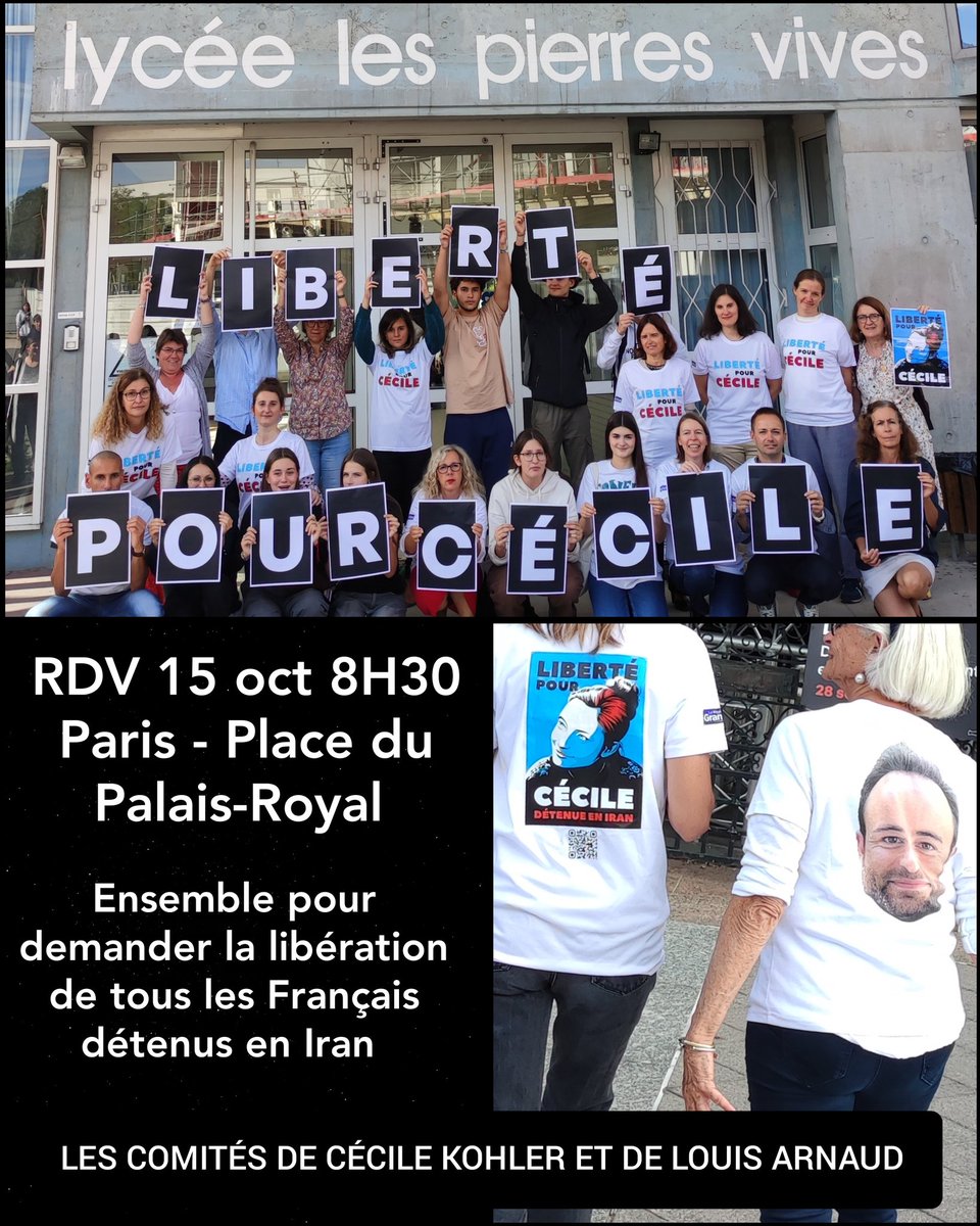 Nous vous donnez RDV le 15 oct à 8H30 place du Palais-Royal pour demander la libération de Cécile Kohler, Jacques Paris, Louis Arnaud et Olivier. Ils sont innocents et détenus injustement en Iran depuis trop longtemps.
9H30 début des 10km de Paris centre.
#LibertépourCécile #Iran