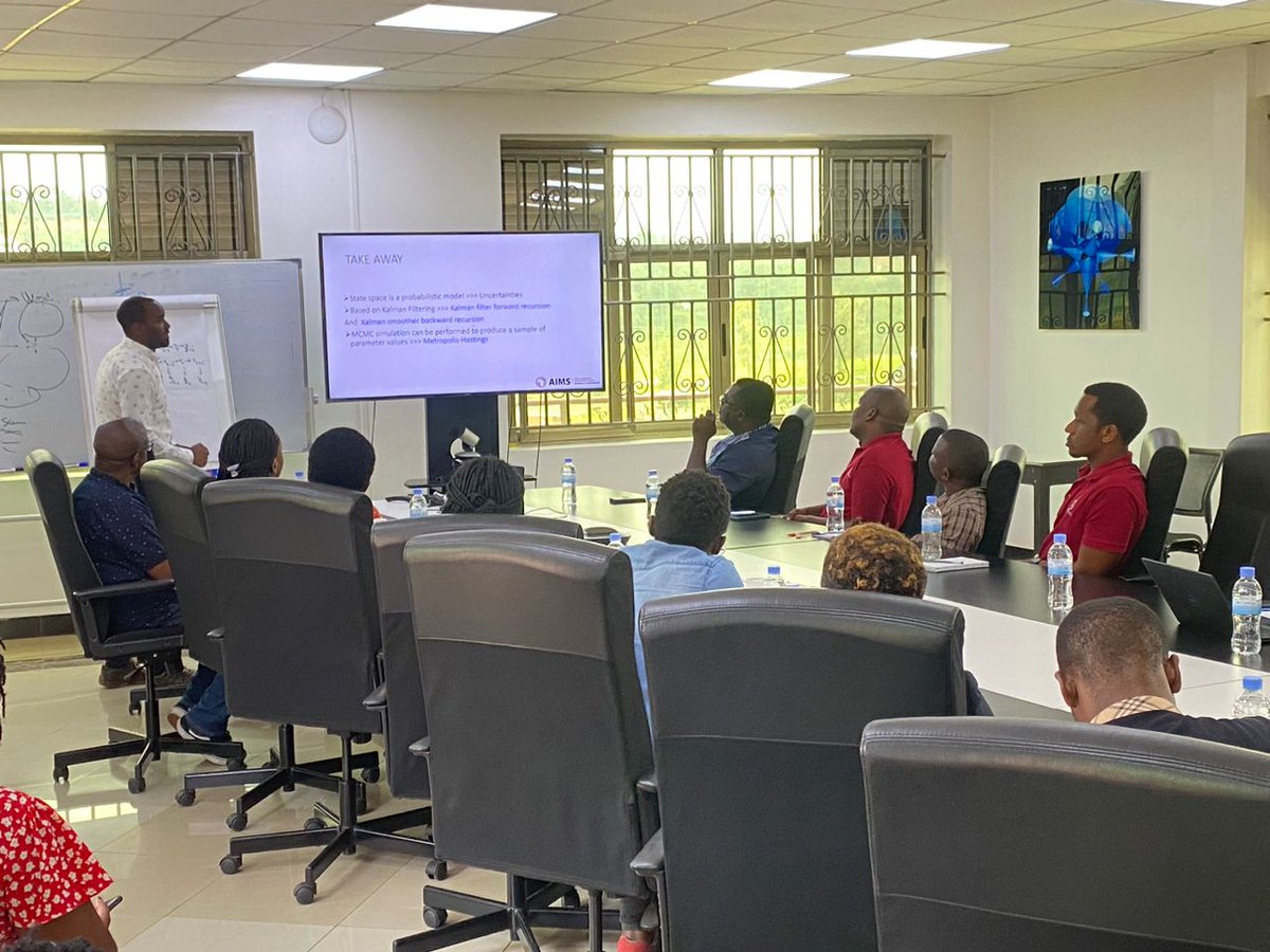 AIMS_RIC's tweet photo. Back to our series of #research seminars; @RwemaMichel, a Ph.D. student at @Uni_Rwanda, presented about uncovering temporal patterns in climate #timeseries using state-space models. He employed state-space #modeling to unveil evolving trends hidden in data.
#aboutus #ourresearch https://t.co/bEXEesd4pb