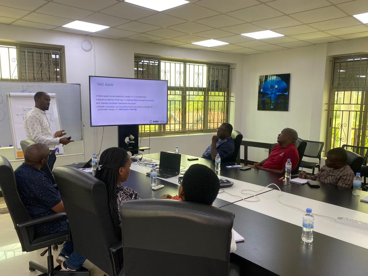 AIMS_RIC's tweet photo. Back to our series of #research seminars; @RwemaMichel, a Ph.D. student at @Uni_Rwanda, presented about uncovering temporal patterns in climate #timeseries using state-space models. He employed state-space #modeling to unveil evolving trends hidden in data.
#aboutus #ourresearch https://t.co/bEXEesd4pb