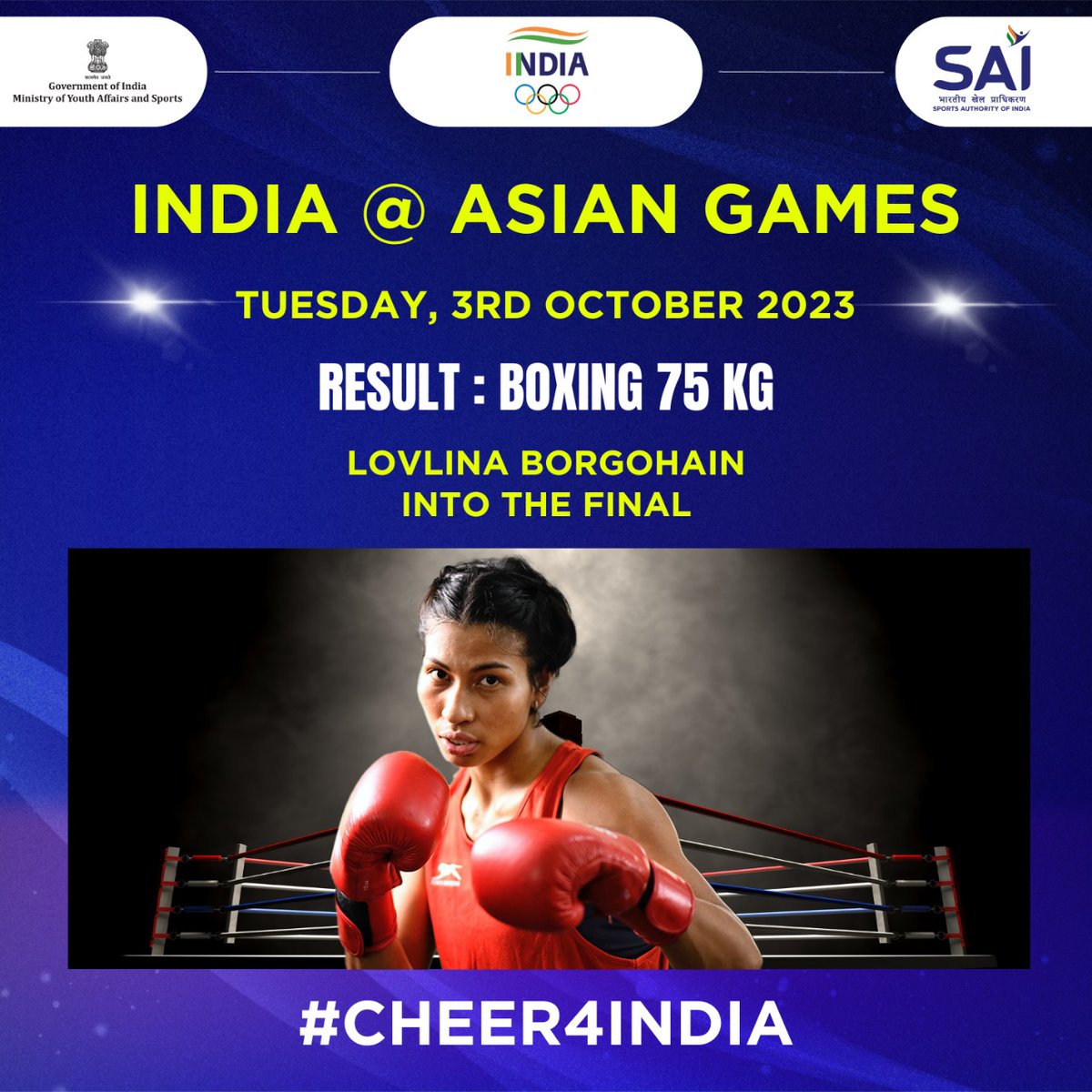 Lovely game by LOVLINA 💥🥊

🇮🇳's Boxer @LovlinaBorgohai conquers her semifinal bout and marches into the 75kg FINAL 🤩🔥

Despite a tough match, our champ not only won the bout but also bagged the #Paris2024 Olympics quote in Boxing💯👍🏻

Many Congratulations!

#Cheer4India…