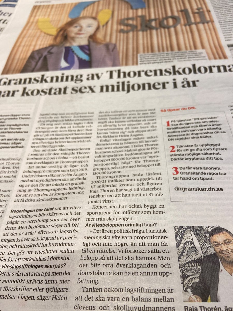 Bara i år har @Skolinspektion lagt 5000 timmar, ca 6 miljoner kr, på att granska #Thorengruppen Av de vitesbelopp på 11,3 miljoner myndigheten hotat med har endast 300 000 kr dömts ut. Ägaren Raja Thorén tog ut 81 miljoner kr i vinst 2021. #DN