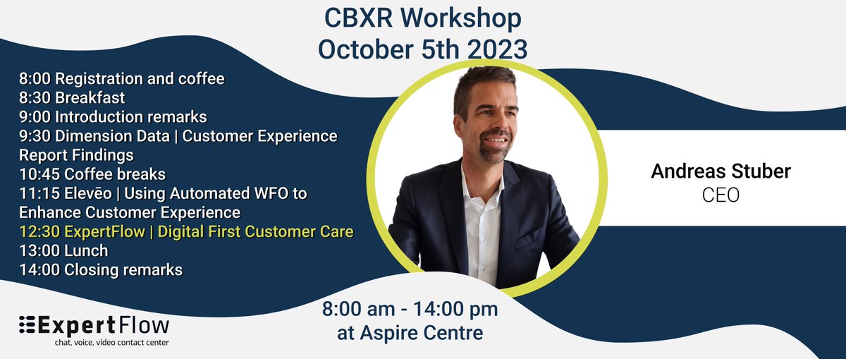 Expertflow's tweet image. Expertflow CEO Andreas Stuber will be a guest speaker at the CXBR Workshop in Nairobi, Kenya, hosted by Dimension Data and Elevēo. Interested in joining? Please get in touch with Jane Njoki at jane.njoki@expertflow.com.  Please note that there are limited seats available.