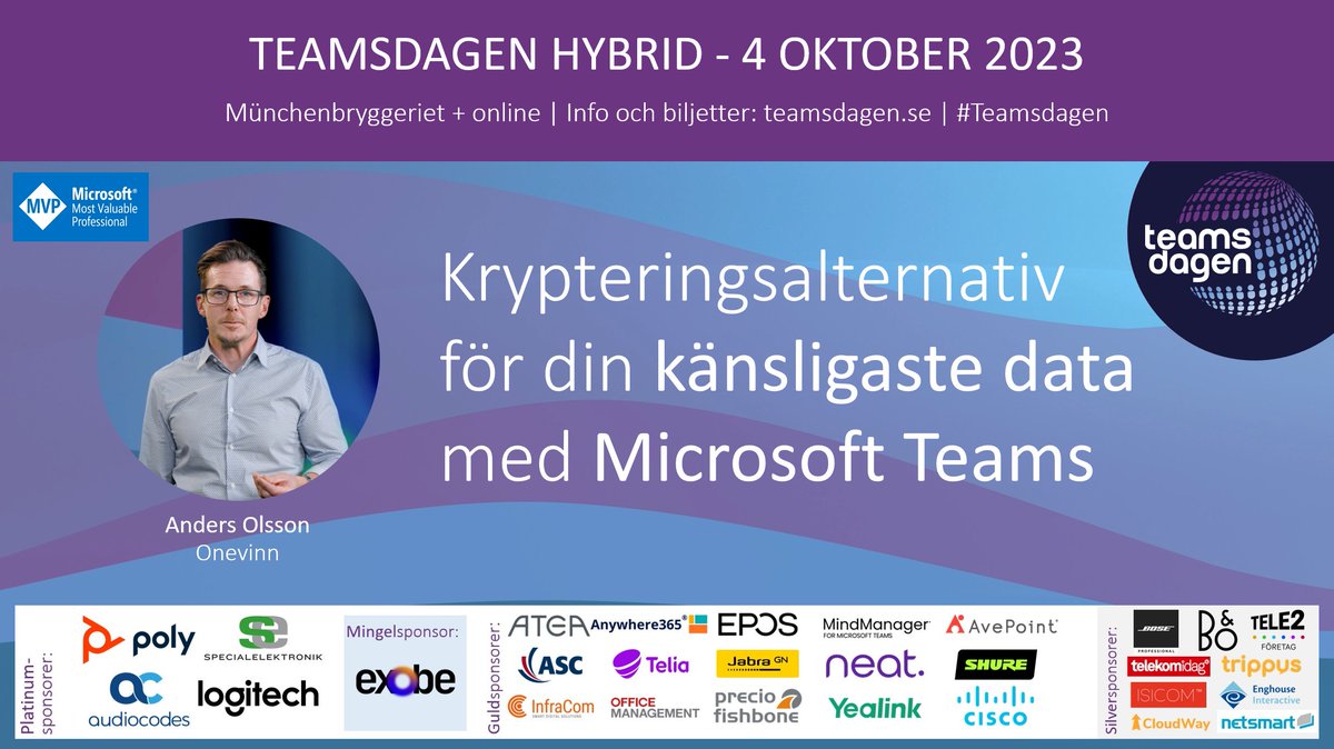 Imorgon är det dags för hybrid eventet Teamsdagen som dessvärre är slutsålt på plats men gratis att se online. Vill du lära dig allt om hur kryptering av känslig information fungerar i Teams och hur vi skyddar känslig data från M365 Copilot ses vi här: teamsdagen.se