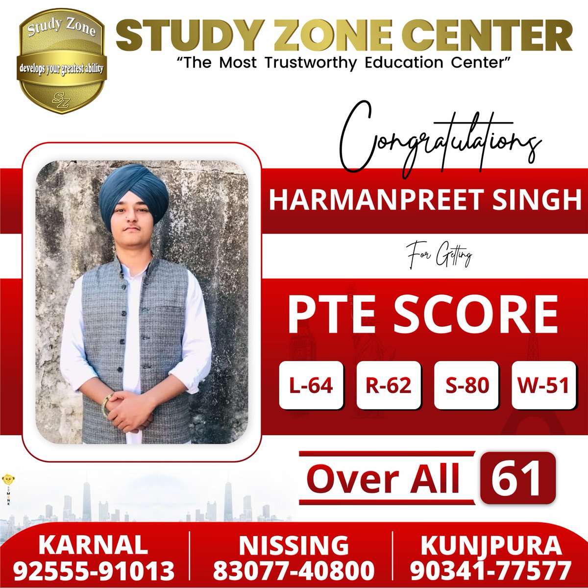Congratulations Harmanpreet for getting Overall 61 Score in PTE
.
Call Us 📲 :
Head Office Karnal : 92555-91013
Kunjpura Branch : 90341-77577
Nissing Branch : 83077-40800
. 
.
#STUDYZONE #JoinNow #studyzonecenter #PTE #pteclasses #ptestrategies #listening #PTE #ptescore
