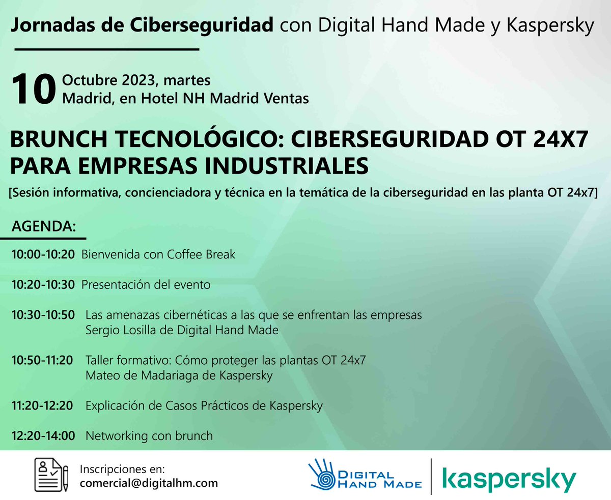🔒 Si eres de Madrid no te puedes perder el evento sobre 𝗖𝗶𝗯𝗲𝗿𝘀𝗲𝗴𝘂𝗿𝗶𝗱𝗮𝗱 𝗢𝗧 𝟮𝟰𝗫𝟳 𝗽𝗮𝗿𝗮 𝗲𝗺𝗽𝗿𝗲𝘀𝗮𝘀 𝗶𝗻𝗱𝘂𝘀𝘁𝗿𝗶𝗮𝗹𝗲𝘀 que estamos preparando junto a nuestro Partner <a href="/KasperskyES/">Kaspersky España</a>.

👉 Inscripciones en: comercial@digitalhm.com