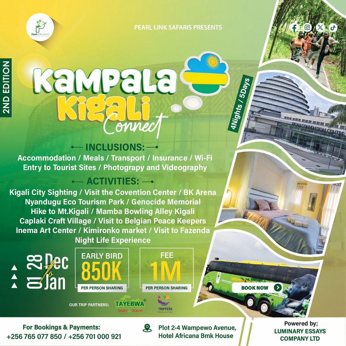 Kampala-Kigali connect 2nd Edition is here. 🥰 

Unwind in the Heart of Rwanda, with @PLink_Safaris on 28th Dec to 1st Jan. Start booking your slots now 🤩🥳
 
Kigali's Hidden Gems Await Your Arrival 🌸✨
@trippers_ug @Tayebwatours