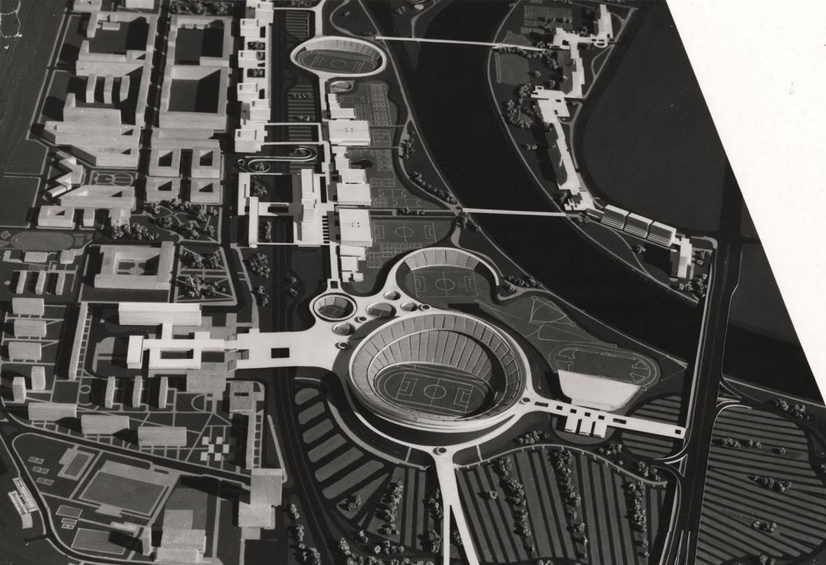 Praha a její olympijský sen. Projekt areálu na Rohanském ostrově, jenž vzešel z architektonické soutěže v roce 1971 (architekti Paroubek, Navrátil, Todl). Hlavní stadion měl být zapuštěn do navýšeného okolního terénu.