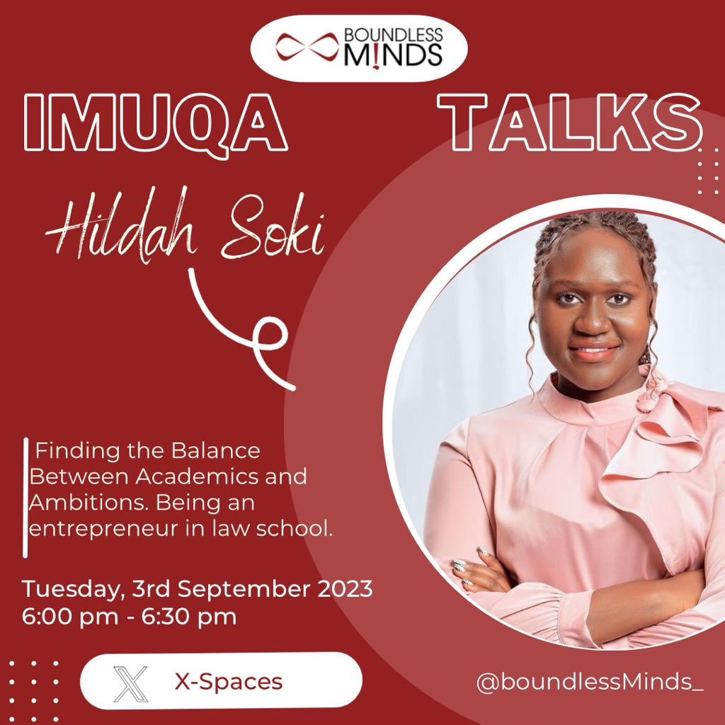 BoundlessMinds_'s tweet photo. Today evening on #ImuqaTalks we speak to @hildah_soki.
Soki is our alumni, law student and GRC @MakerereLaw, member at @RctKampalaSouth, she is an entrepreneur dealing in branding items.
Join the conversation tonight 1800hrs. https://t.co/8MaZgFPVg8