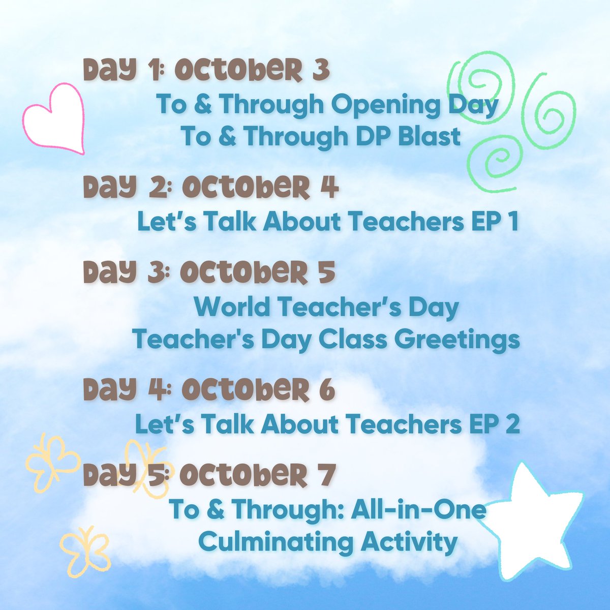 AdDUEducSEC's tweet photo. 𝑻𝒊𝒎𝒆𝒍𝒊𝒏𝒆 𝒐𝒇 𝑨𝒄𝒕𝒊𝒗𝒊𝒕𝒊𝒆𝒔
Join us on this inspiring journey 𝙩𝙤 𝙖𝙣𝙙 𝙩𝙝𝙧𝙤𝙪𝙜𝙝 a timeline bursting with activities that celebrate our educators' dedication. Let's change the world, one classroom at a time!
#ToandThrough🛫
#WorldTeachersDay👩🏫👨🏫 https://t.co/ZJnXcsolU7