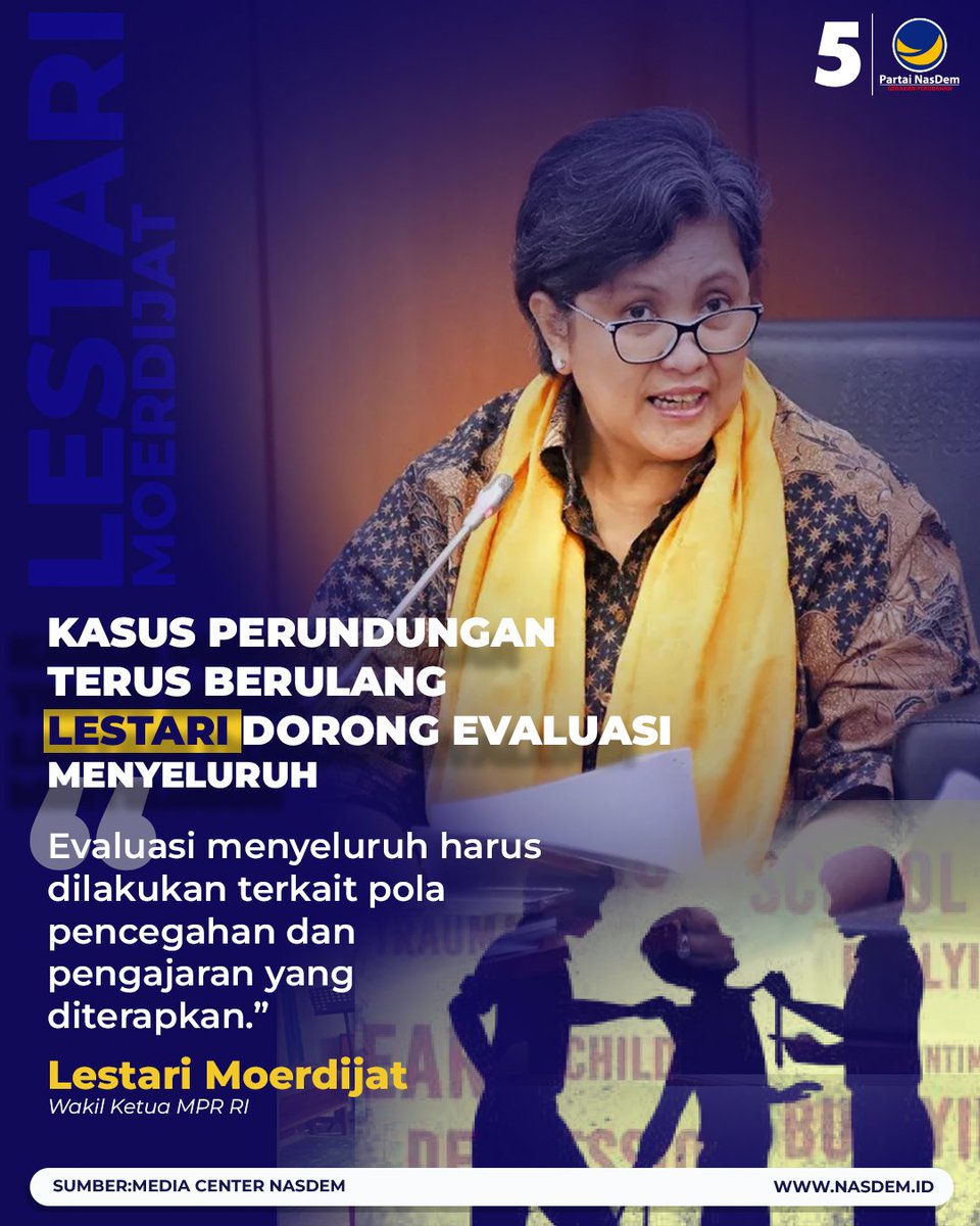 Sejumlah kasus perundungan di lingkungan pendidikan mengemuka lagi pada beberapa pekan terakhir. Wakil Ketua MPR RI dari Fraksi NasDem, Lestari Moerdijat menjelaskan bermunculannya kasus perundungan di lingkungan pendidikan sangat mengkhawatirkan.