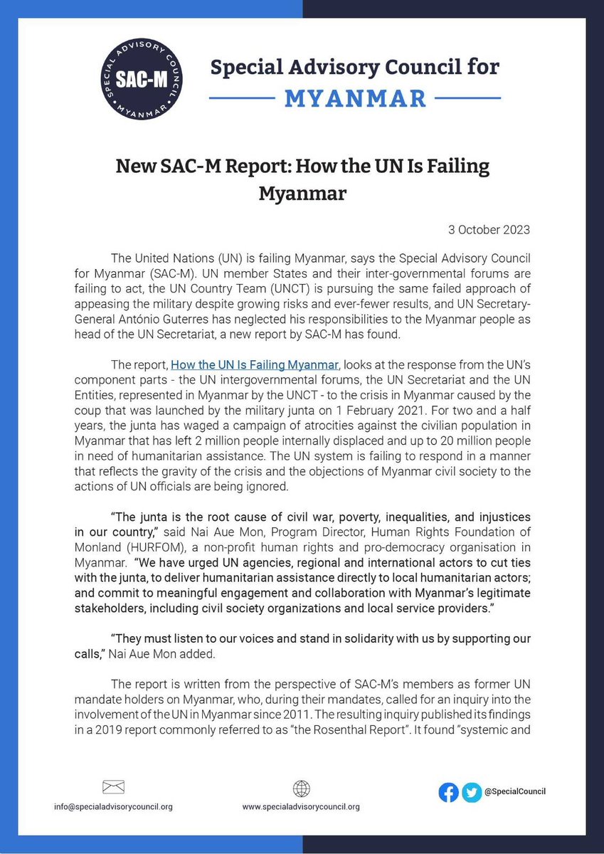 SpecialCouncil's tweet photo. 🚨NEW SAC-M Report🚨 The #UN is failing #Myanmar. Our new report identifies how, so that lessons can be learned and changes can be made.   

Read full report: https://t.co/2KekCMQbj7 

Read press release: https://t.co/96QypLSV6H #WhatsHappeningInMyanmar https://t.co/hYBx2vyncP