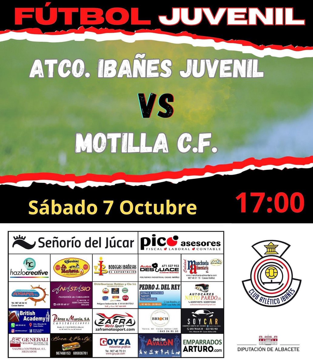 Comienza la liga JUVENIL
ATLÉTICO IBAÑES VS MOTILLA C.F
🗓️SÁBADO 7 OCTUBRE 
🕞17:00
📍 Municipal de Casas Ibañez 

No faltes!!!❤️🤍❤️