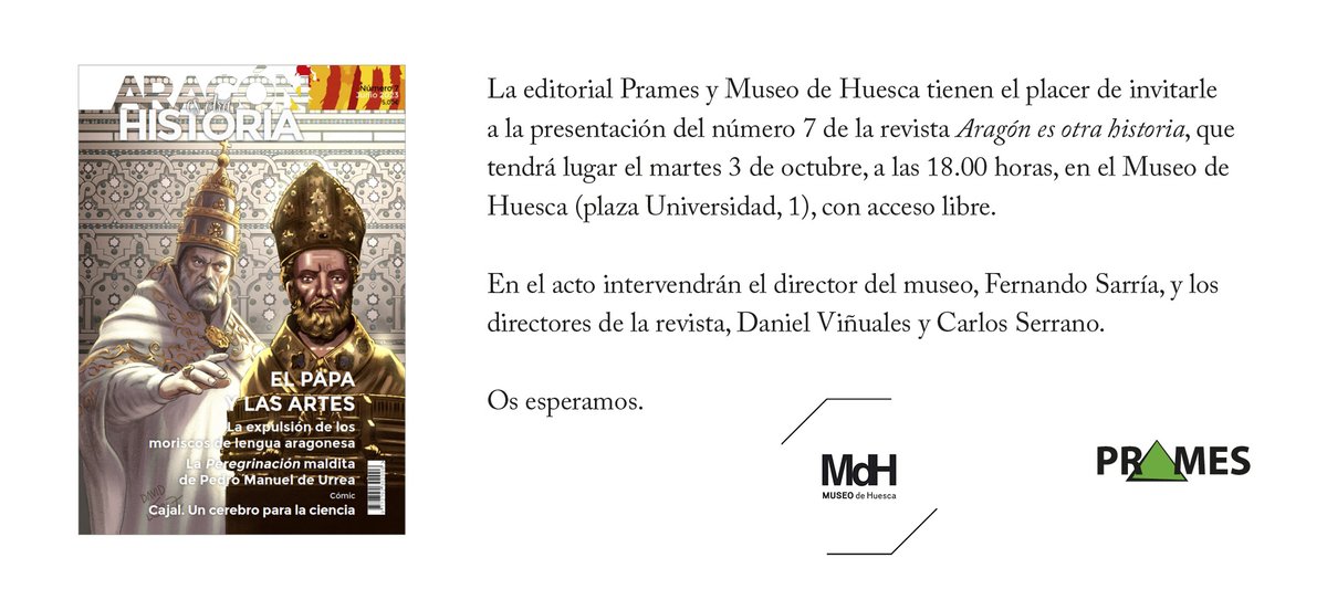 Esta tarde , a las 𝟭𝟴.𝟬𝟬 estáis invitados a la presentación de 𝑨𝒓𝒂𝒈𝒐́𝒏 𝒆𝒔 𝒐𝒕𝒓𝒂 𝒉𝒊𝒔𝒕𝒐𝒓𝒊𝒂 en el #MuseoDeHuesca. Una nueva revista para conocernos mejor. Os esperamos. #aeoh #museodehuesca <a href="/CulturaAragon/">Cultura Aragón</a> <a href="/AmigosdeMuseos/">Amigos de Museos</a> @GPediciones