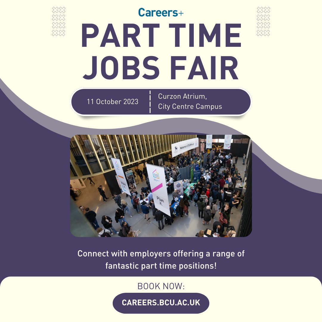 📢 One week until Birmingham City University Part Time Jobs Fair!

📆 Mark your calendars and join us on:
Wednesday 11 October | Curzon Building Atrium | 11am-3pm

🔗 Register here: lnkd.in/e7TmmjxW