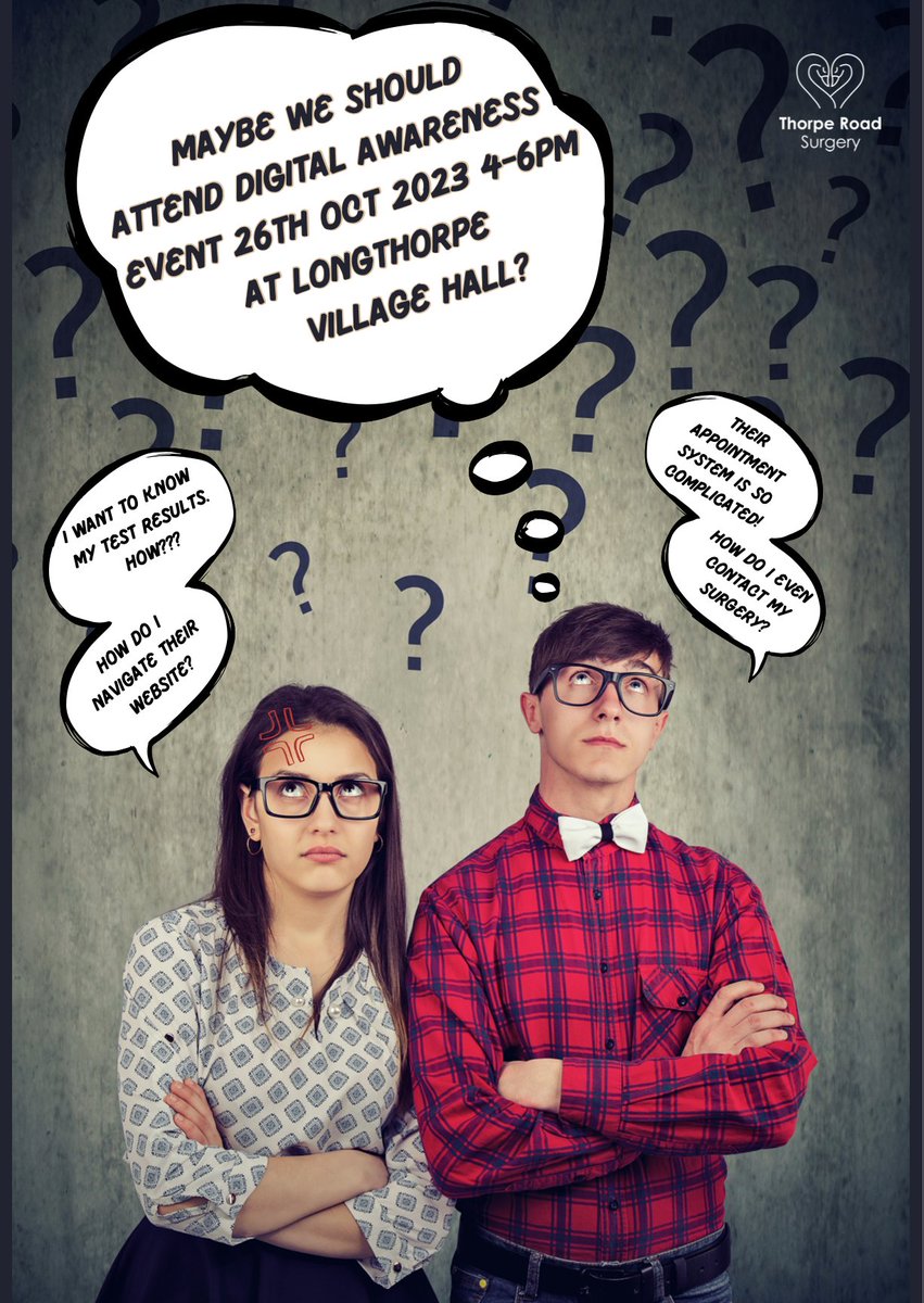 Join Thorpe Road Surgery for a Digital Healthcare Event!

📅 Save the Date: October 26th, 2023
🕓 Time: 4:00 PM - 6:00 PM
🏡 Location: Longthorpe Village Hall