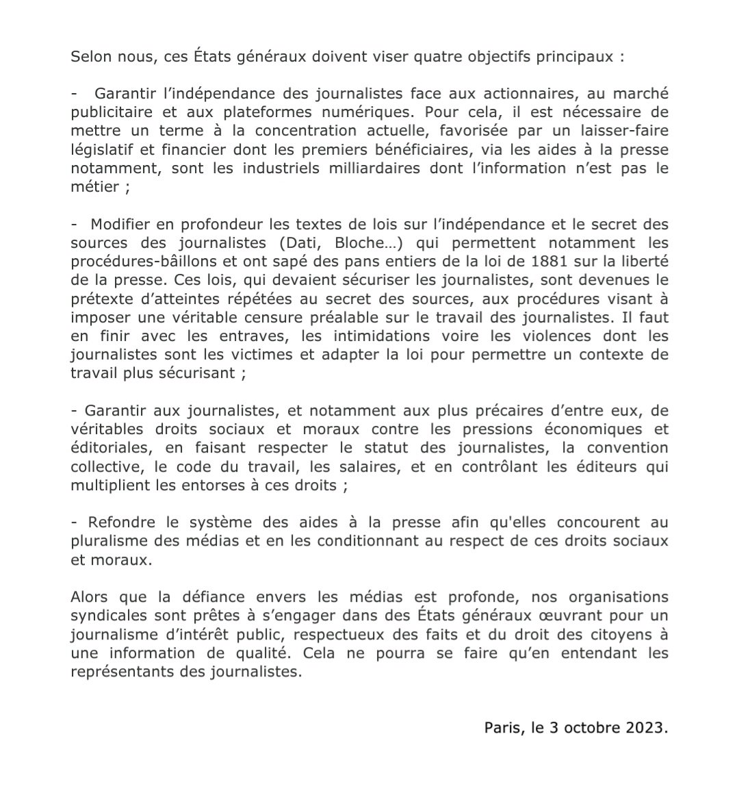 ÉTATS GÉNÉRAUX DE L'INFORMATION : pas sans les syndicats de journalistes !!! 
😠 
Cette opacité, et la mise à l'écart des acteurs de la profession, nous font craindre le pire, <a href="/cdeloire/">Christophe Deloire</a> ! 

COMMUNIQUÉ INTERSYNDICAL ⬇️ 
snj.fr/article/etats-…