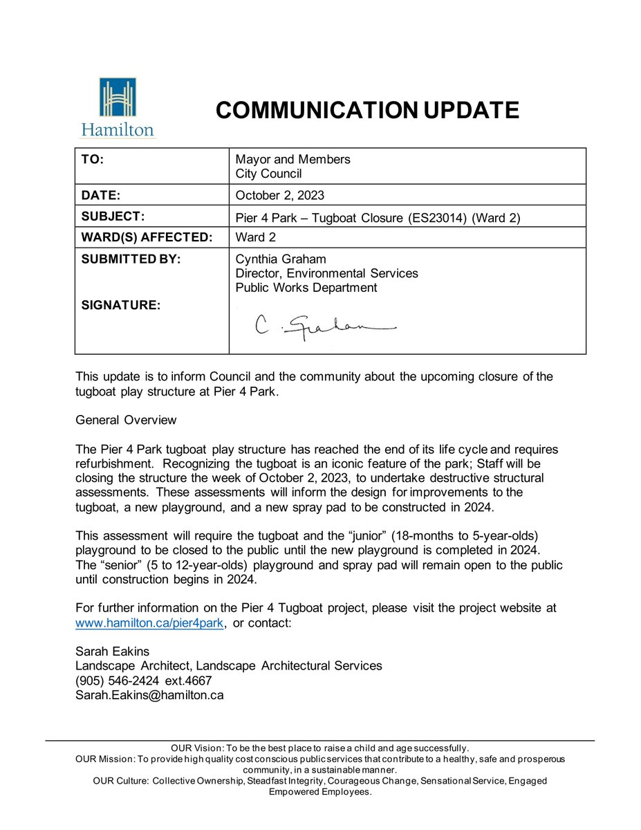 Further to my update about the tugboat in Pier 4 Park, City staff have let me know that it will be closed in anticipation of its refurbishment as of today. Read the City's Communication Update for more information about the park upgrades. PDF at drive.google.com/file/d/1UAtq9V…. #HamOnt