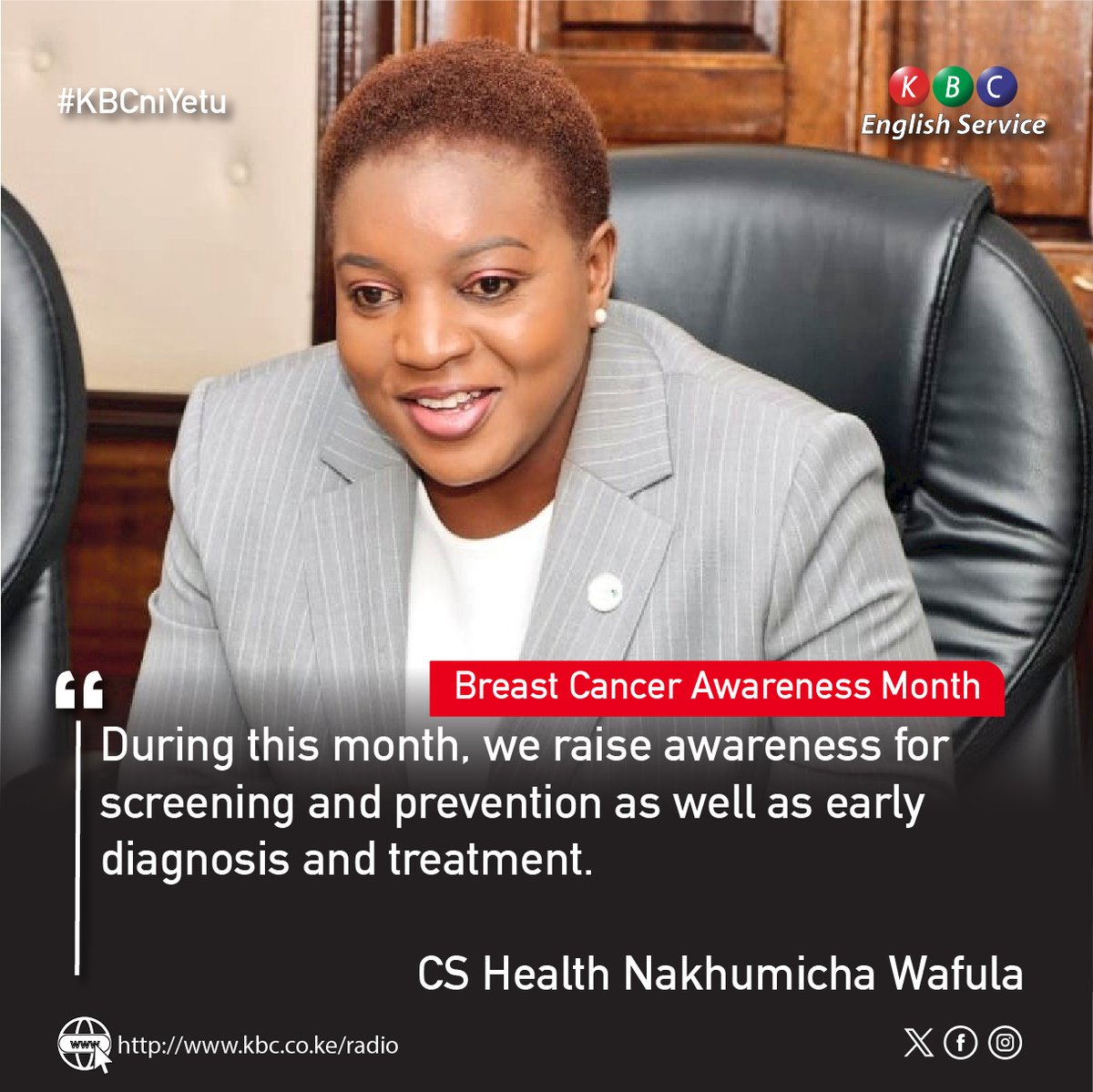 'During this month, we raise awareness for screening and prevention as well as early diagnosis and treatment.' ~CS Health, Nakhumicha Wafula @Nakhumicha_S ^PMN #KBCEnglishService