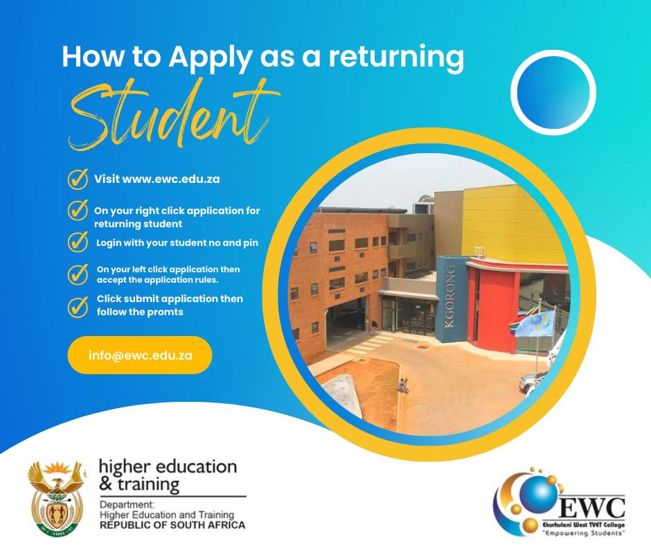 Dear current students please note that application for returning students is currently open closing on 31 October 2023. If you currently registered for for a certain level you need to apply for the next level. same applies to Nated courses.