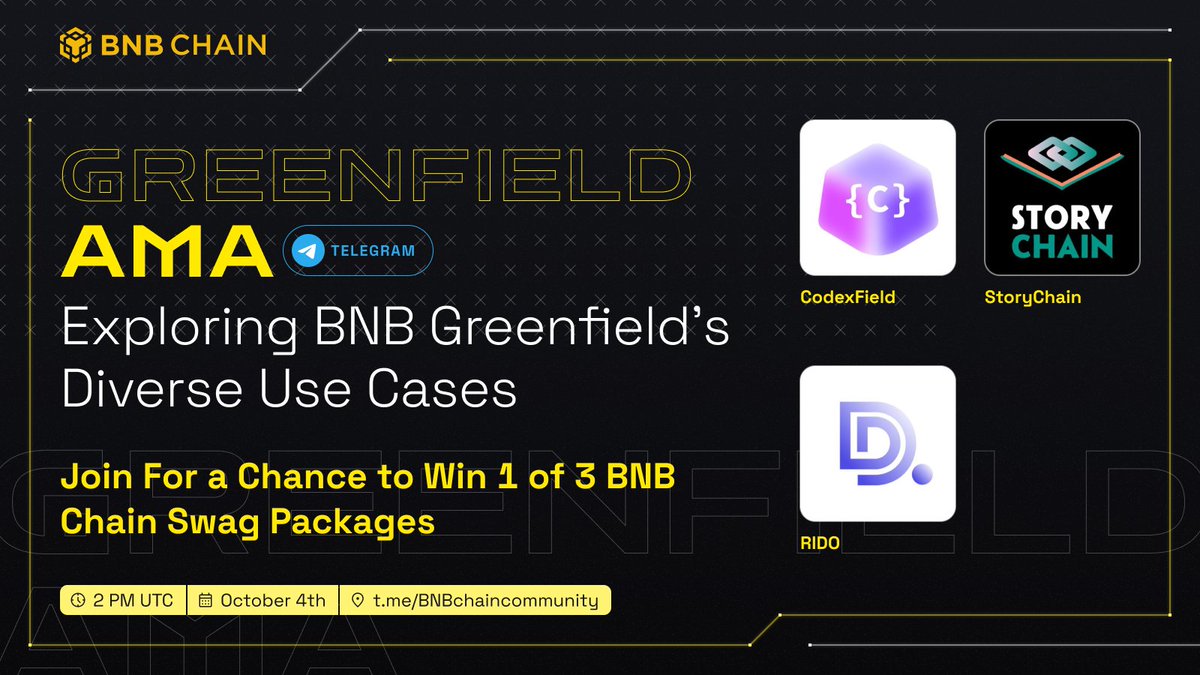 Tomorrow, we're hosting an exciting AMA in our global Telegram community - an exploration into the diverse use cases of BNB Greenfield.

Learn &amp; win in our AMA quiz! Grab one of three BNB Chain SWAG packages.

📅 Wednesday, October 4th
🕒 2:00pm UTC
📌 t.me/BNBchaincommun…