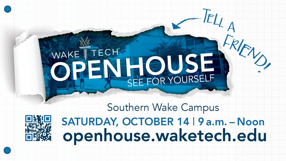 How do you see yourself; How do you see your future? Come to Wake Tech's Open House on Saturday, October 14 at our Southern Wake Campus from 9 AM to 12 PM.

See yourself, your future and your success!

Register: openhouse.waketech.edu