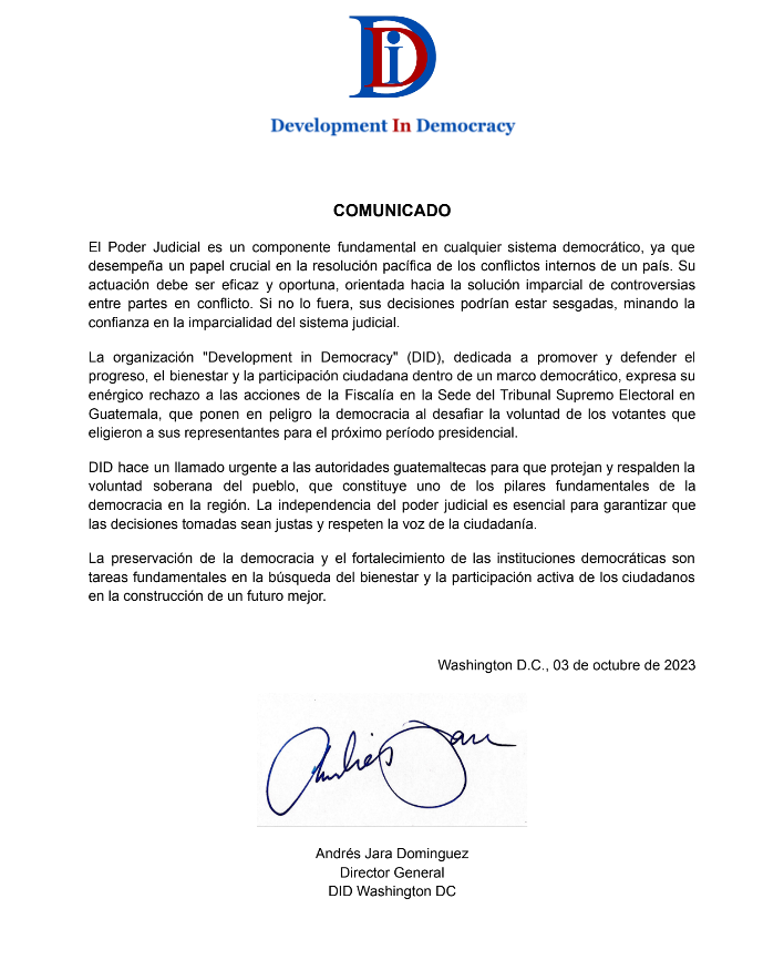 DIDdemocracia's tweet photo. Ante los acontecimientos suscitados en los últimos días en Guatemala, Development in Democracy hace un llamado urgente a la protección y respaldo de la voluntad soberana del pueblo guatemalteco. https://t.co/POteGaGiT0
