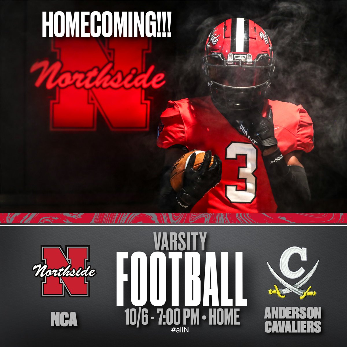 Don't miss the 2023 Homecoming Game against Anderson Cavaliers this Friday at 7pm. #allN