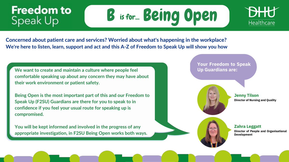 DHUHealthCare's tweet photo. It's #FreedomToSpeakUpMonth and, for it to work, the right environment is needed to ensure people feel safe to Speak Out without fear of consequence or recrimination.

Aimed more at our colleagues, 'B' in our A-Z guide to Speaking Up, stands for 'Being Open'...

#F2SU https://t.co/QwKhSSEghn