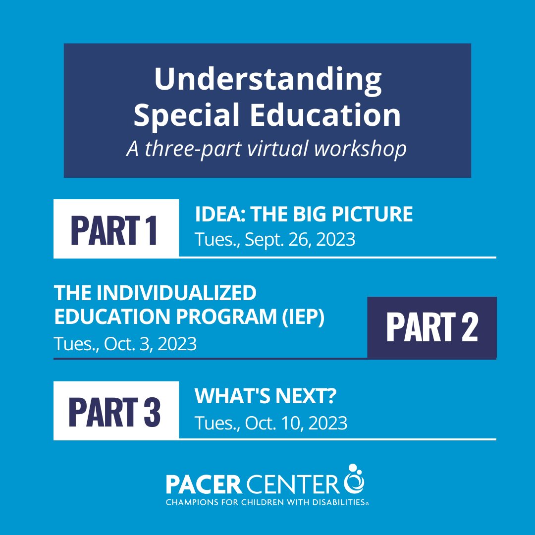 Join us virtually TONIGHT for Part 2 of PACER's Understanding Special Education workshop series: The Individualized Education Program. Attendance of Part 1 is recommended but not required. Register at PACER.org/workshops.