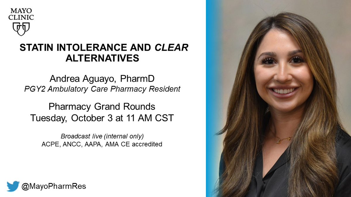 In today's Pharmacy Grand Rounds, @MayoPharmRes Andrea Aguayo will share insights on statin intolerance and alternative approaches. @MayoClinicCV #TwitteRx Subscribe to our PGR Podcast at mayocl.in/3ZGtBSD