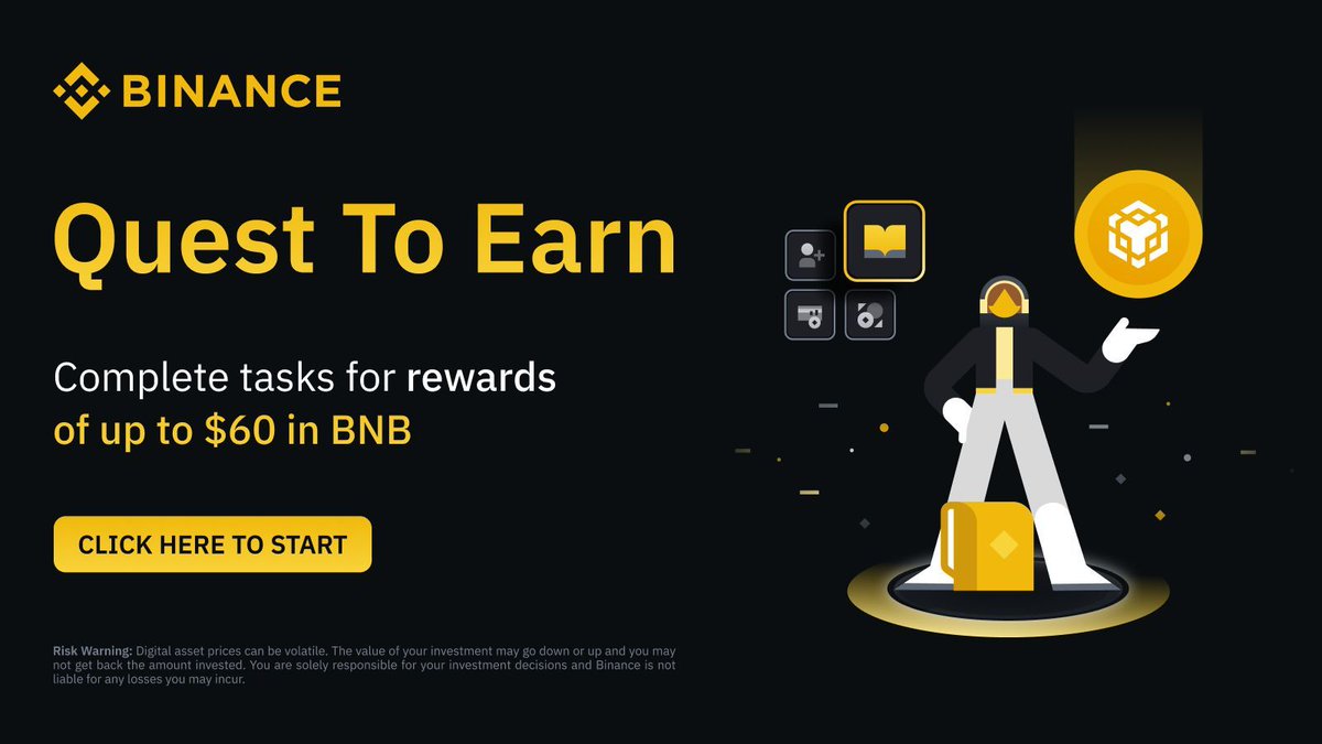 Explore #Binance, learn about crypto, and earn rewards. Get involved in our Quest To Earn challenge today to earn up to $60 in #BNB More details here 👉 binance.com/en/activity/mi…