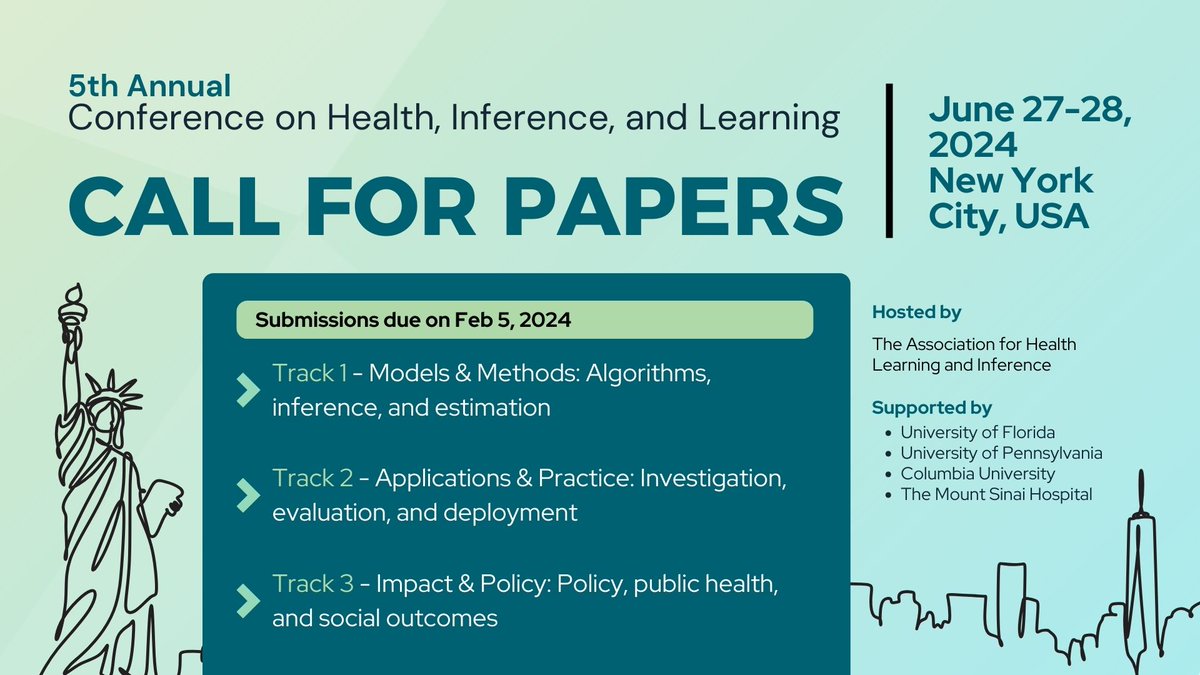 We're back! 🙌 Announcing the 5th annual Conference on Health, Inference, and Learning (CHIL) to be held in-person from June 27-28, 2024 in New York City 🗽 Call for papers is up now! chilconference.org/call-for-papers ⏳Submission Deadline: Monday, February 5, 2024 #CHIL2024