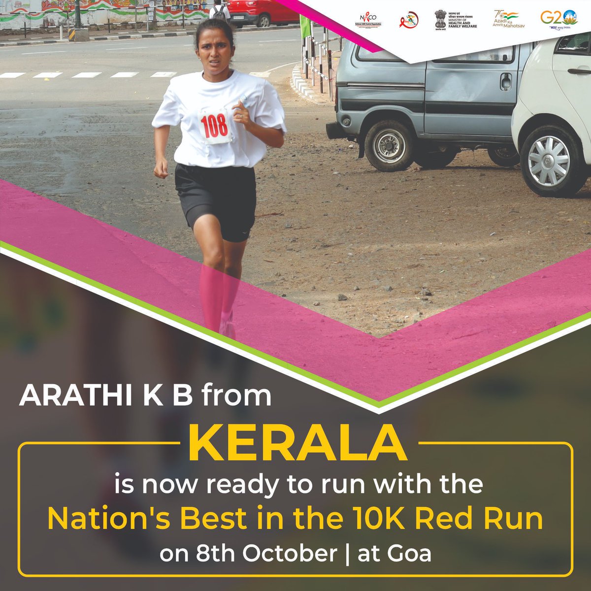 Kerala's champion, Arathi K.B. is all set to conquer the National Red Run in Goa on 8th October.

#NationalRedRun #RedRun #Marathon #Goa #India #HIV #AIDS #IndiaFightsHIVandAIDS #Awareness #StateWinners #Kerala

@MoHFW_INDIA @Kerala_SACS