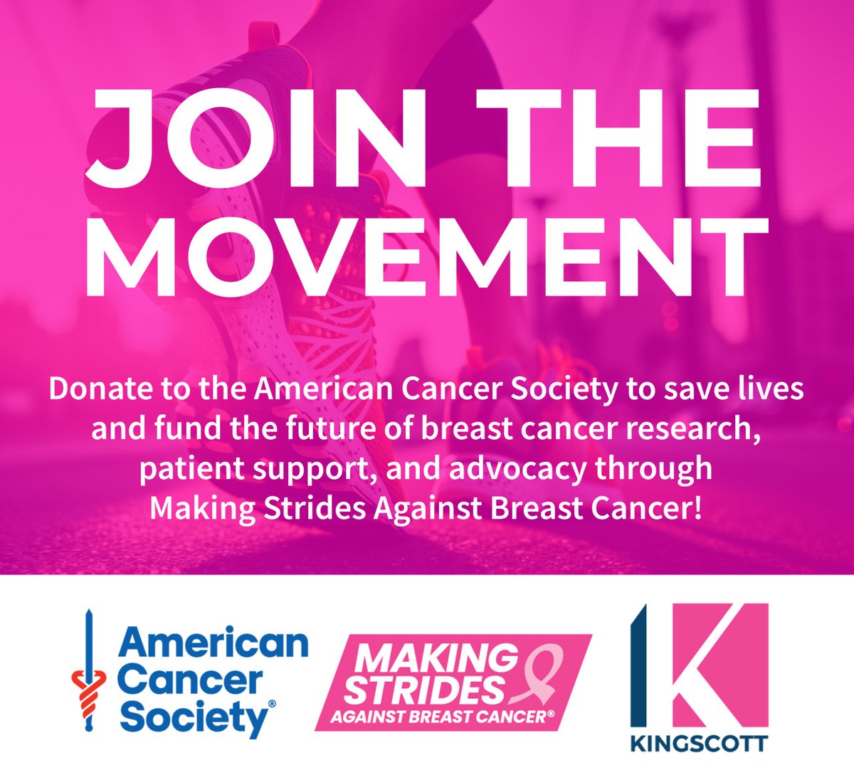 We're excited to participate in the Making Strides Against Breast Cancer Walk on Oct. 28 and have raised $𝟭,𝟮𝟮𝟰.𝟯𝟴 𝗼𝗳 𝗼𝘂𝗿 $𝟱,𝟬𝟬𝟬 𝗴𝗼𝗮𝗹! If you would like to show your support, visit our team page through the American Cancer Society at: main.acsevents.org/goto/teamkings….