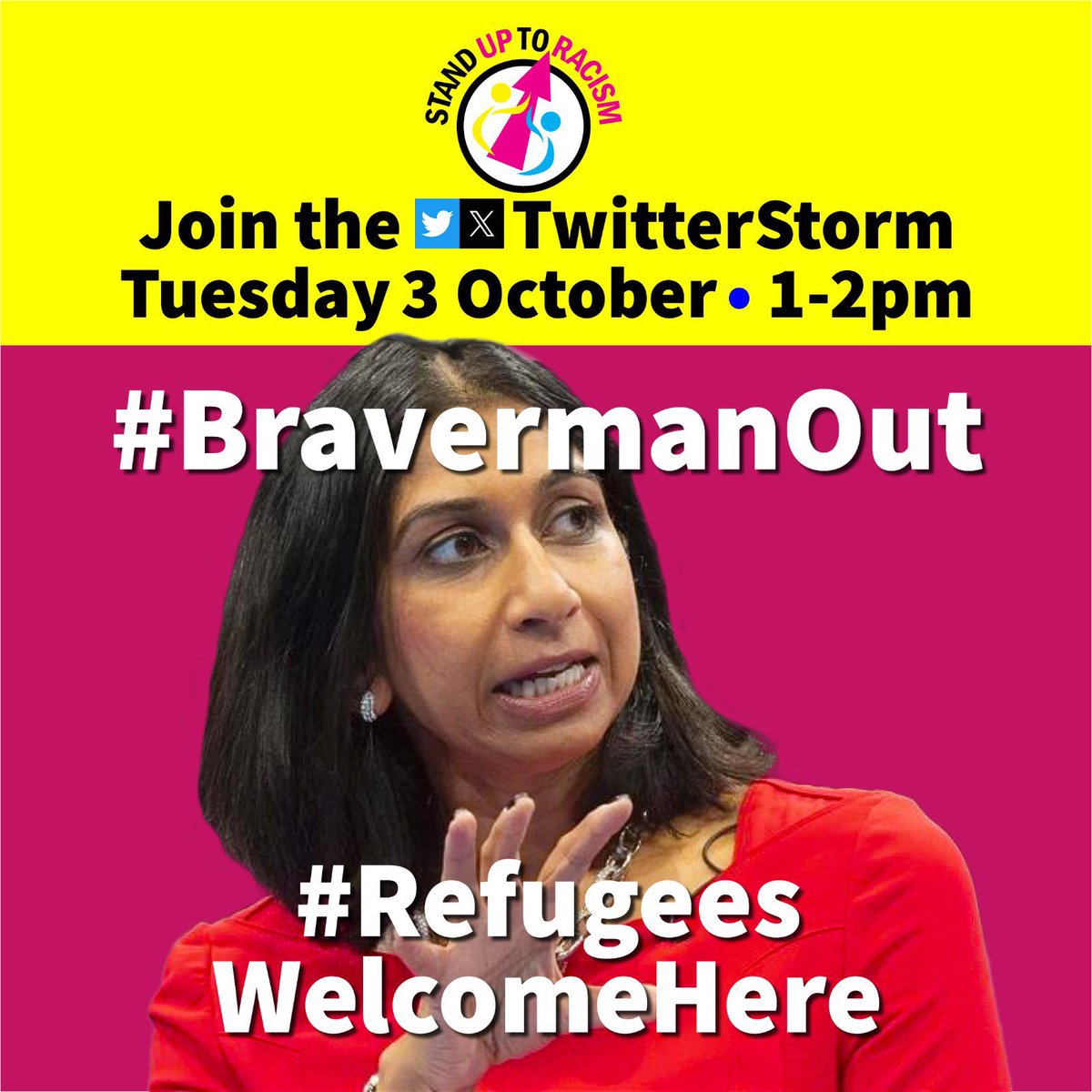 QT, RT and post!

Join today's 1 - 2pm #BravermanOut Twitterstorm, anti racists... get tweeting, quote tweeting, let's get the message trending! #RefugeesWelcome #SafePassageNow #ResistRacism

<a href="/AntiRacismDay/">Stand Up To Racism</a>
