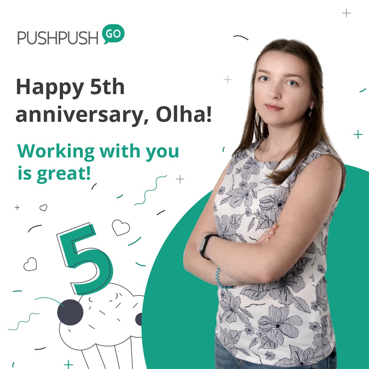 Celebrating milestones at PushPushGo! 🌟🎉
Today, we have another remarkable milestone to commemorate – Olha, our Growth Marketing Manager, has reached her 5th anniversary with us! 🎉🥳
Here's to many more years of success, growth, and shared achievements together.🥂