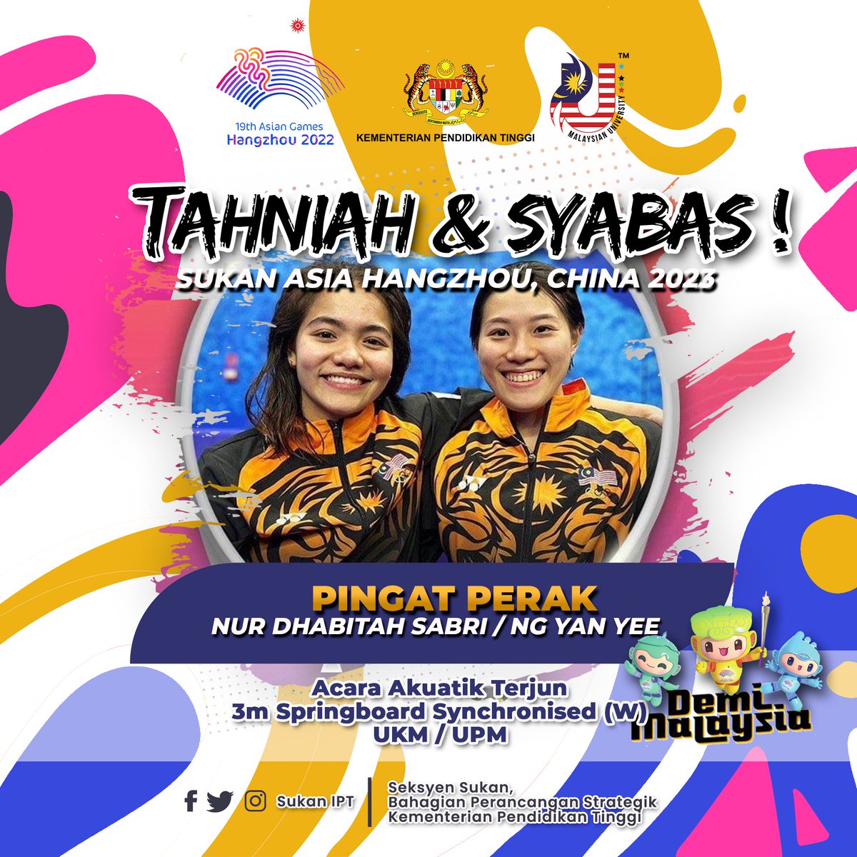 MOHEOfficial's tweet photo. SYABAS &amp; TAHNIAH KEPADA ATLET IPT DI TEMASYA SUKAN ASIA 2023, HANGZHOU, CHINA

🥈Nur Dhabitah Sabri (UKM) &amp; Ng Yan Yee (UPM), pingat perak dalam acara Akuatik Terjun 3M Springboard Synchronised Wanita. 

#MalaysiaMADANI #asiangames2023
#TheThinkingAthlete 
#WeCreateWinner https://t.co/rD5lRVJQ4z